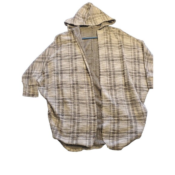 Womens Plaid Cardigan Small Lightweight Gray Hooded 1/2 Sleeve Boho - Picture 1 of 13